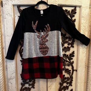 Women's Black and Red Reindeer Long Sleeve Sweater For Christmas and Winter.